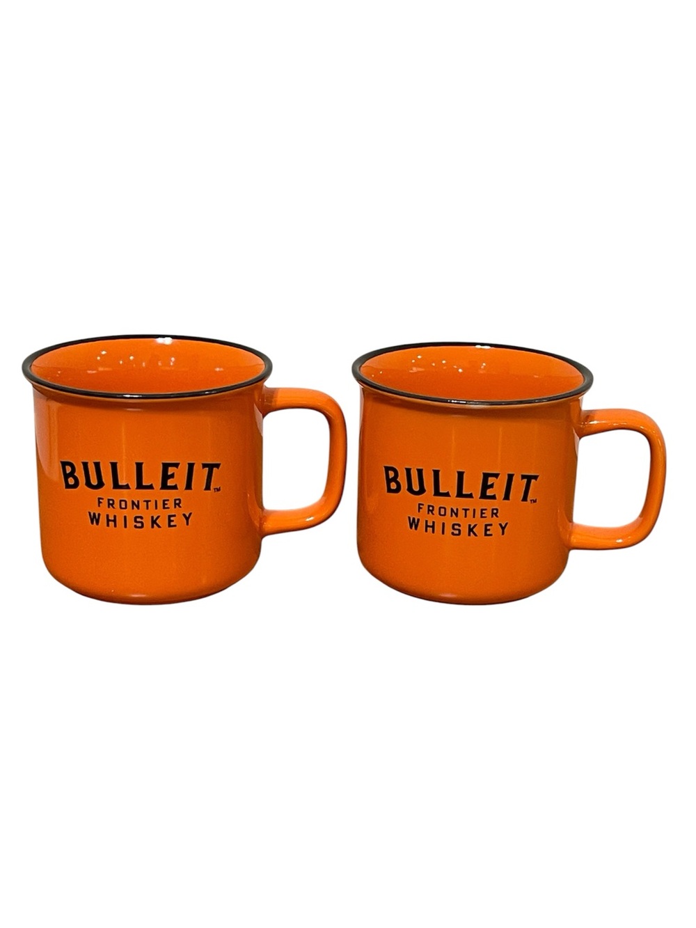 Bulleit Frontier Whiskey Ceramic Coffee Mugs Orange Black Graphics 8 oz Set of 2